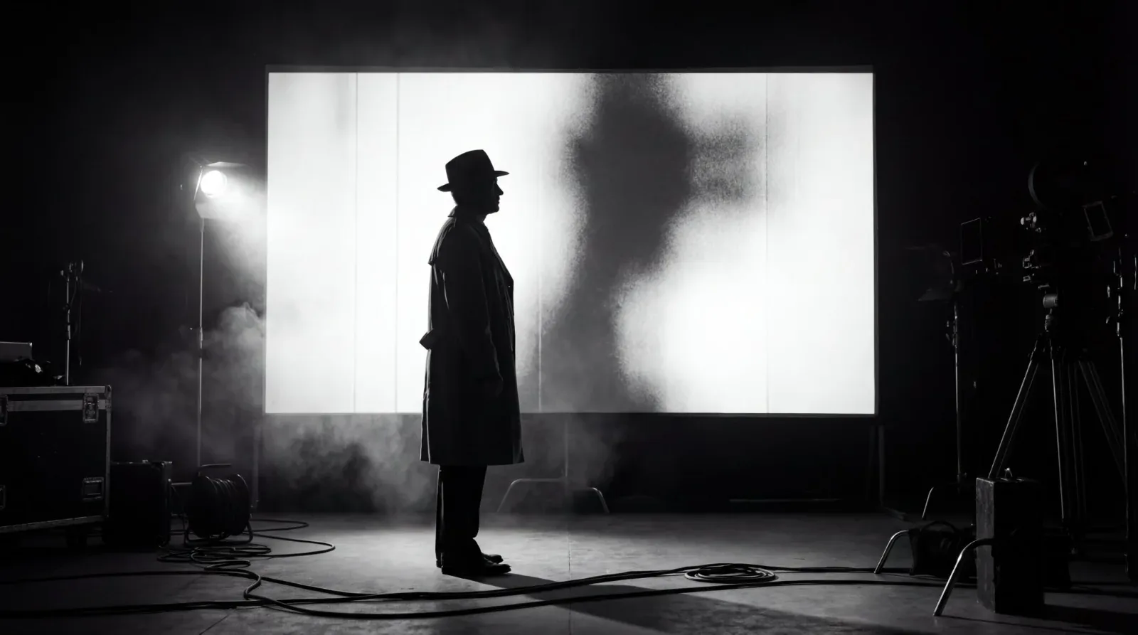 A director's silhouette in front of a lit screen